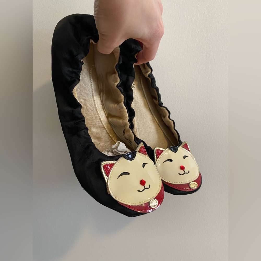 Kate Spade Cat Slippers in Black Satin